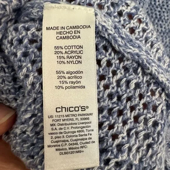 Chico's 3 Size XL open-knit short-sleeve sweater Blue Marbled Textured Cotton - Picture 7 of 7